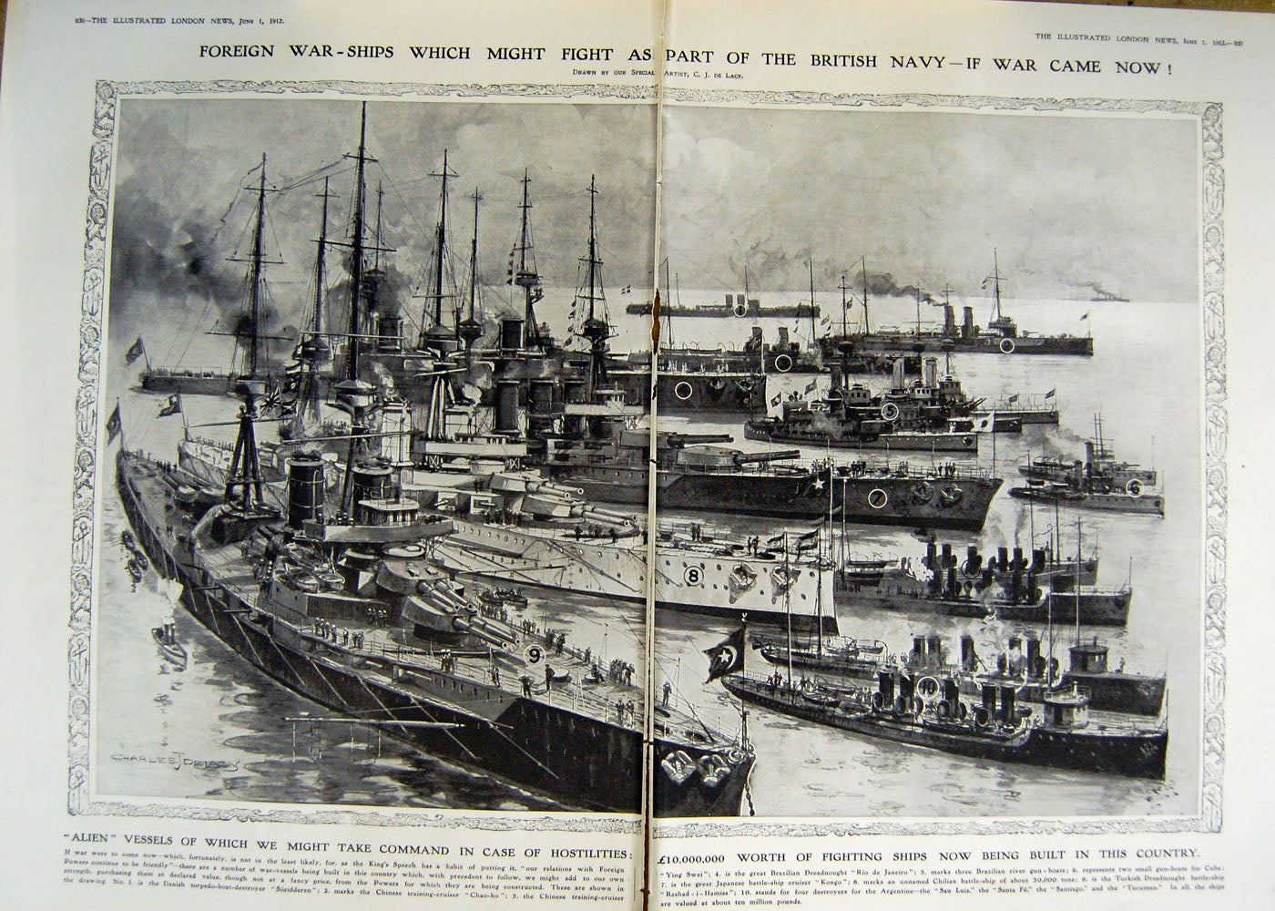 Antique Old Print *3016 1912 Foreign War Navy Ships Brazilian Dreadnought