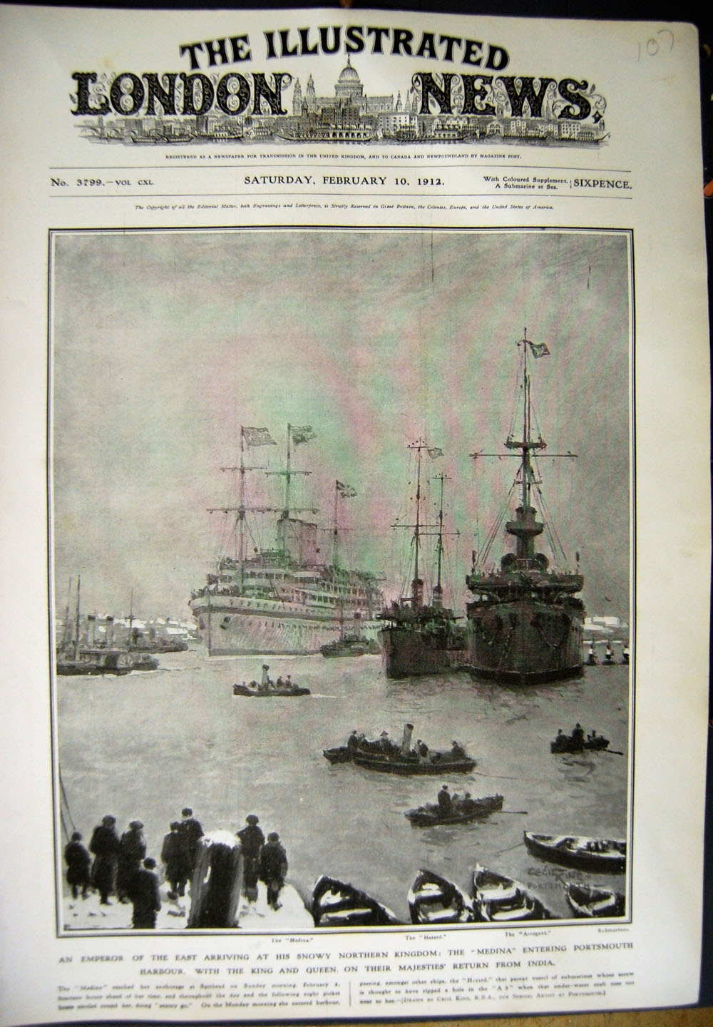 Old Antique Print 1912 Ships Medina Hazard Arrogant Submarines Spithead 20th