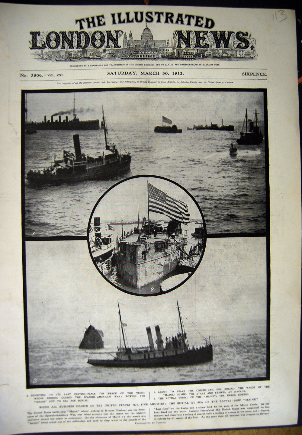 Original Old Antique Print 1912 Battle Ship Burial Sea Maine Havana Harbour War