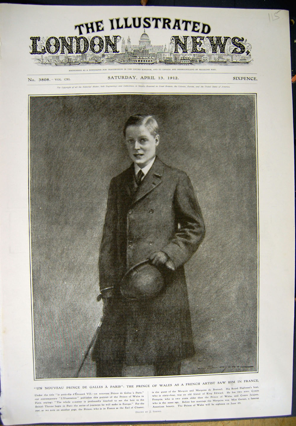 Old Antique Print 1912 Portrait Prince Wales Earl Chester France Artist 20th