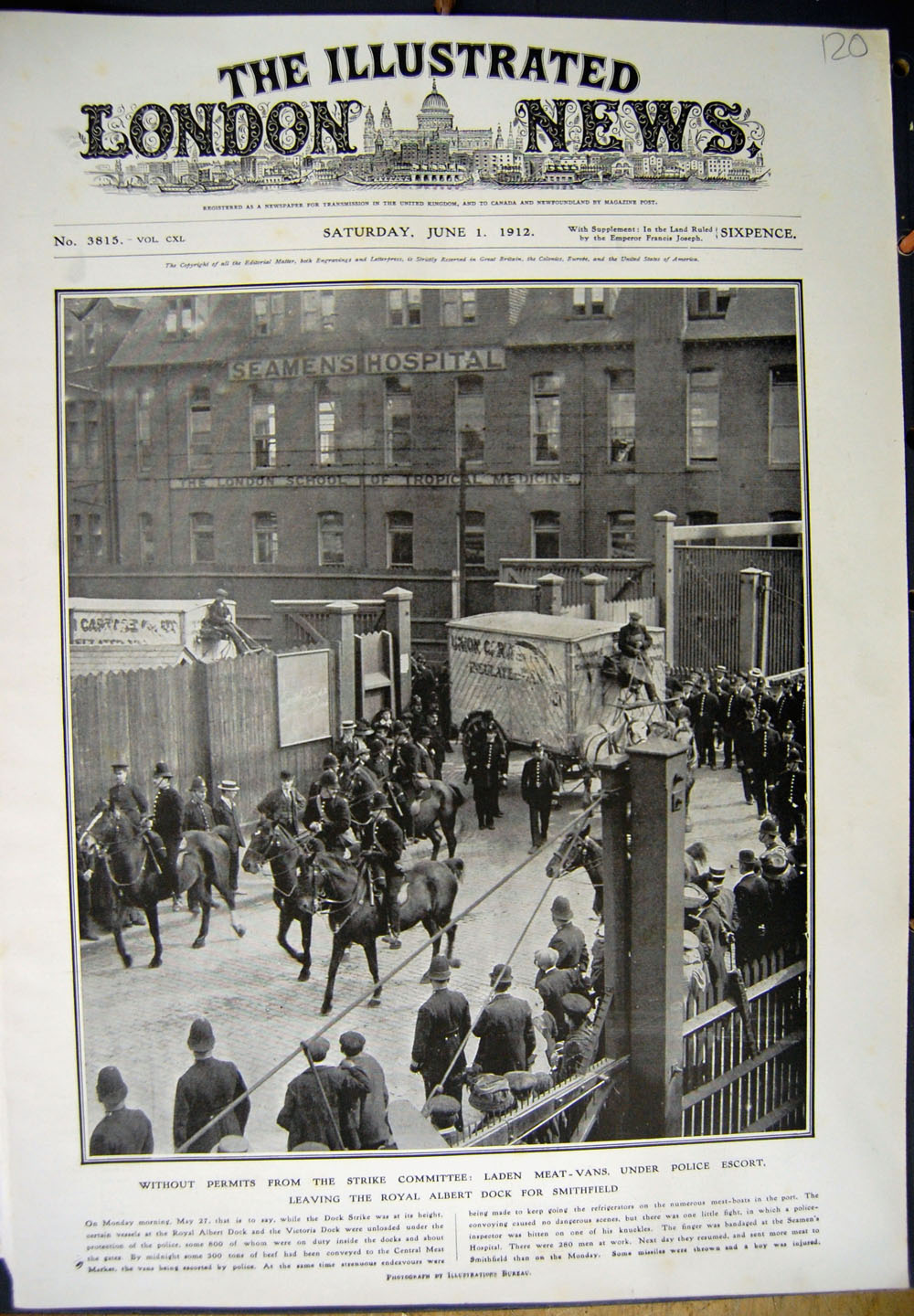 Old Antique Print 1912 Meat Vans Police Escort Royal Albert Dock Horses 20th