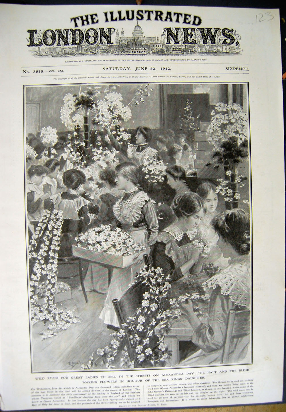 Old Antique Print 1912 Wild Roses Ladies Alexandra Flowers Blind Workers 20th
