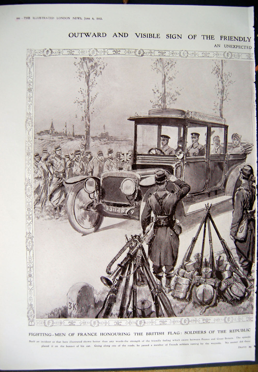 Original Old Antique Print 1912 Elysium Avenue Champs Elysees France War Siers