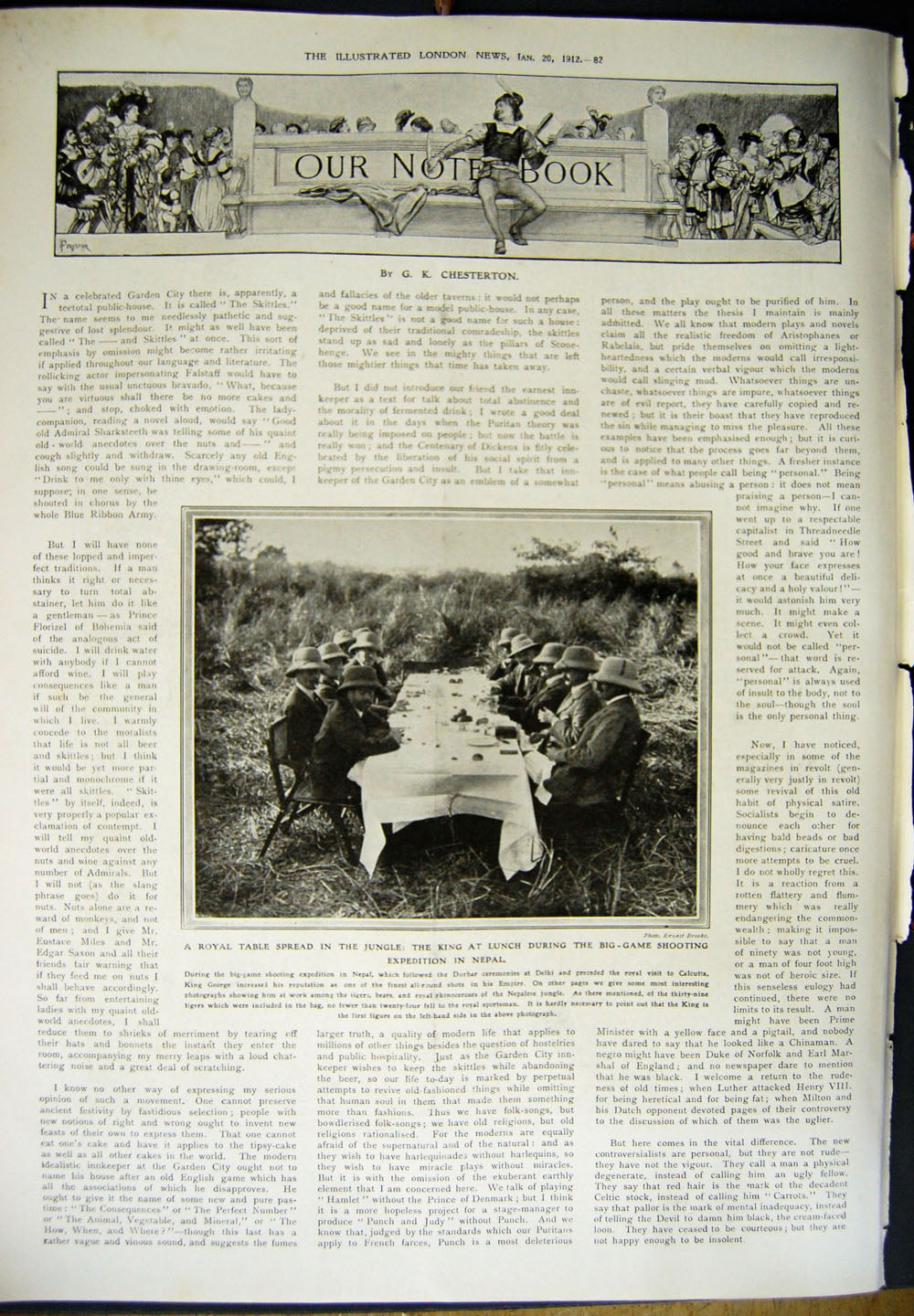 Old Antique Print 1912 King Lunch Jungle Big-Game Hunting Coal Benwell 20th