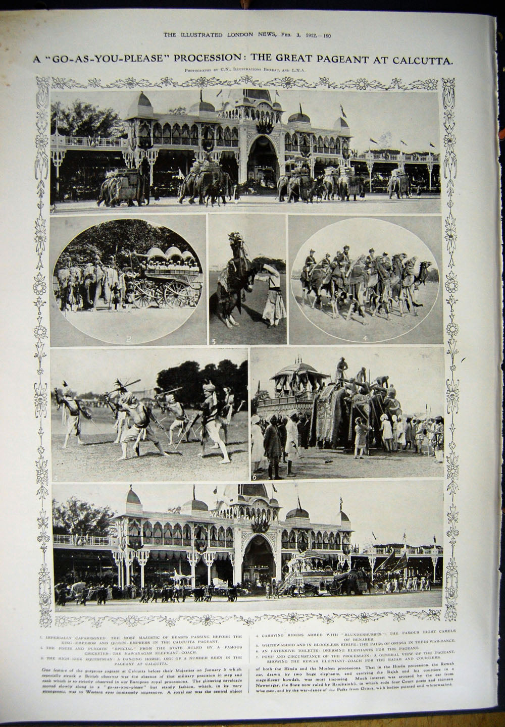 Antique Old Print 1912 Elephant Dasahra Calcutta Hathi Pegeant Procession 20th