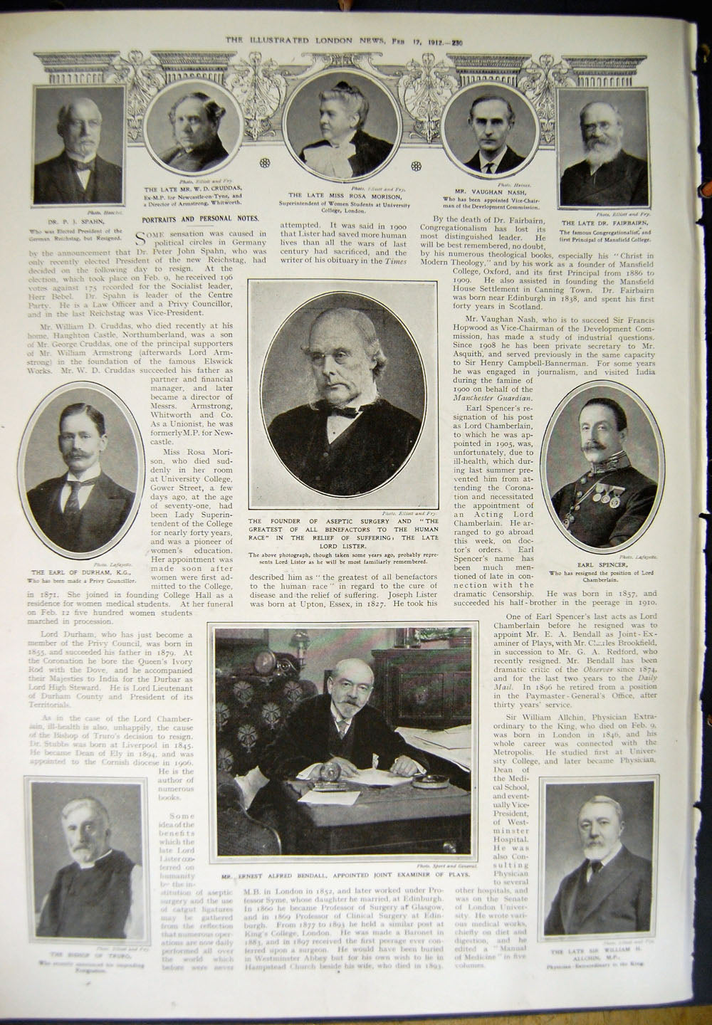 Old Antique Print 1912 Parliament House Lords Sheffield Lister Bendall 20th