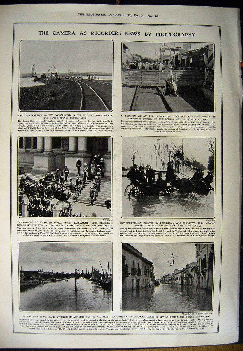 Old Antique Print 1912 Raising Sunken Submarine Navy Ship Seville Floods 20th
