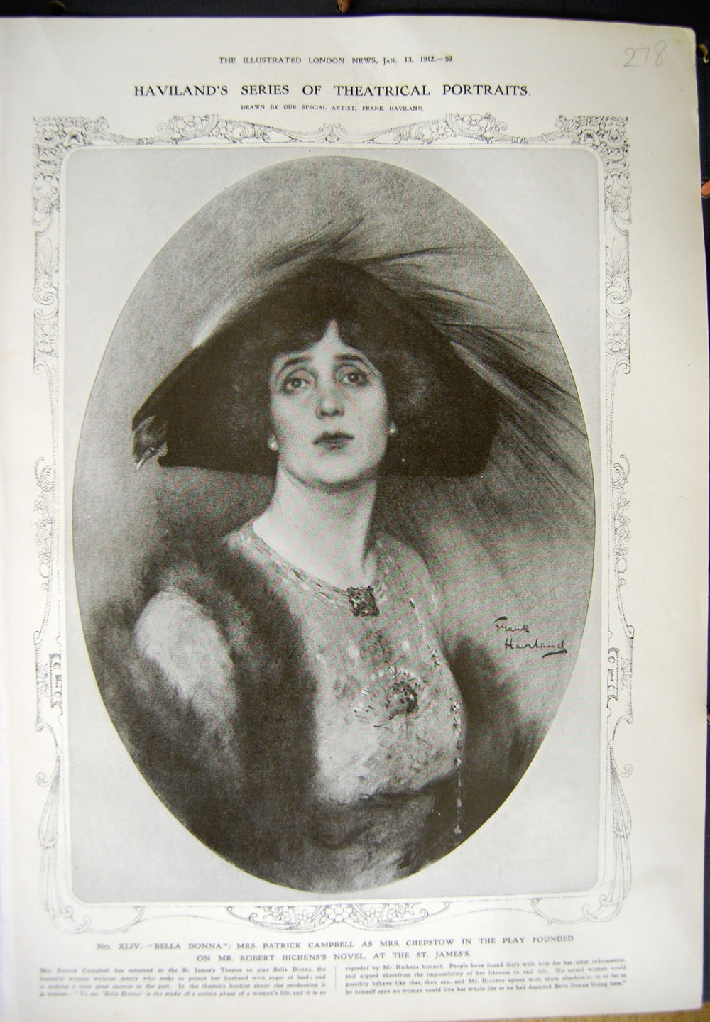 Original Old Antique Print 1912 Portrait Bella Donna Patrick Campbell Theatre