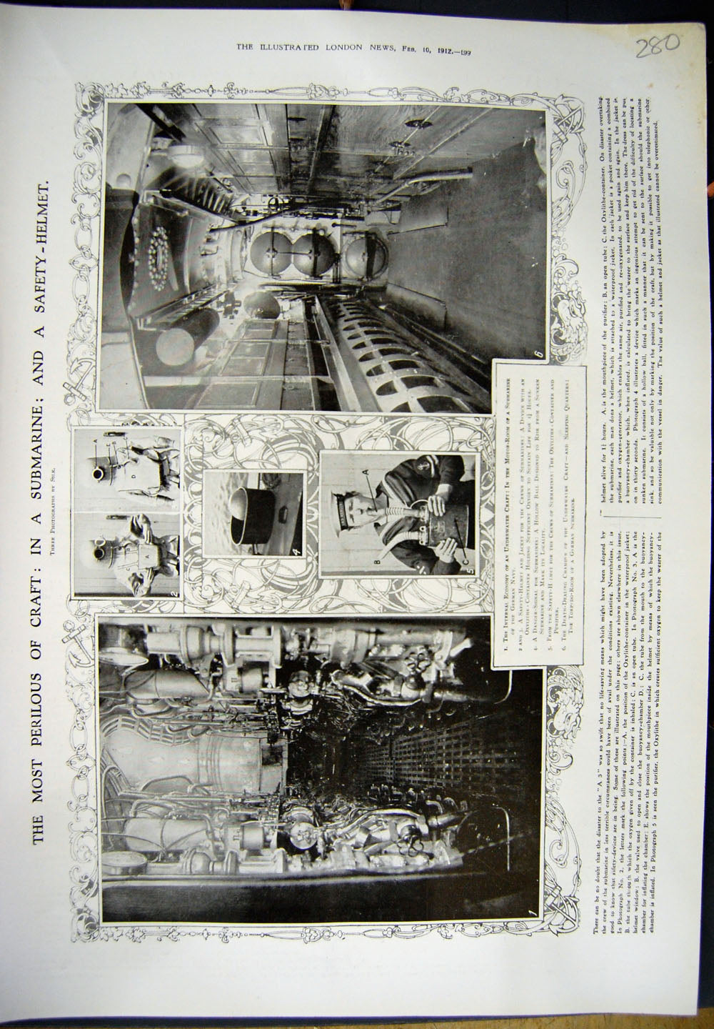 Old Antique Print 1912 Submarine Motor Room Navy Sailor Torpedo Oxylithe 20th