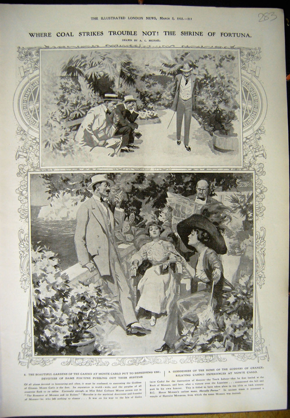 Original Old Antique Print 1912 Shrine Fortuna Gardens Monte Carlo Dame Fortune
