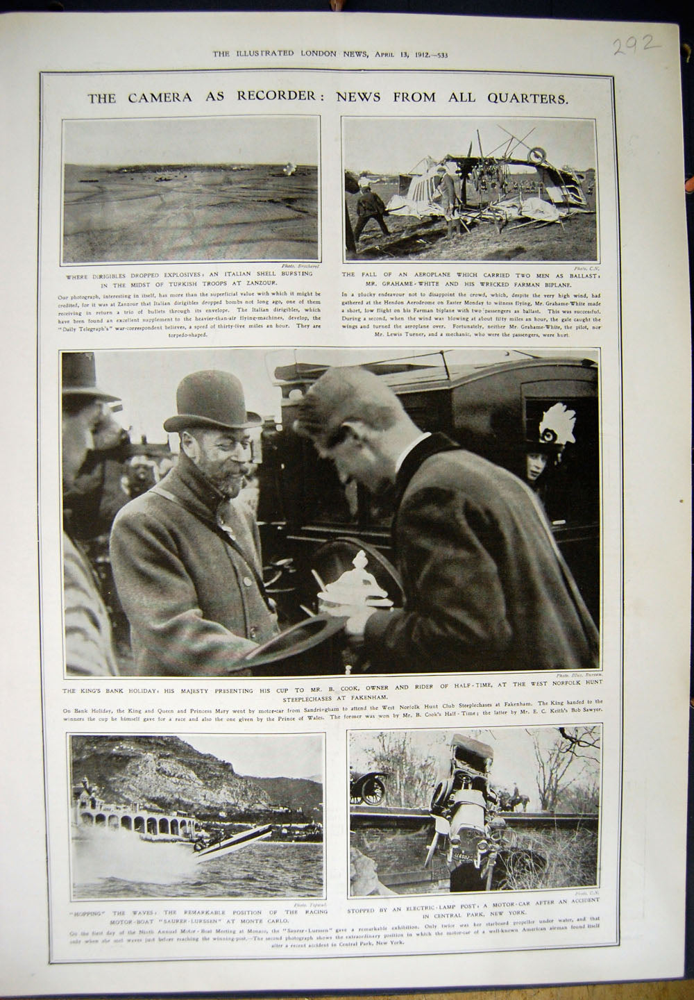 Old Antique Print 1912 War Zanzour White Biplane King Cook Hunt Fakenham 20th