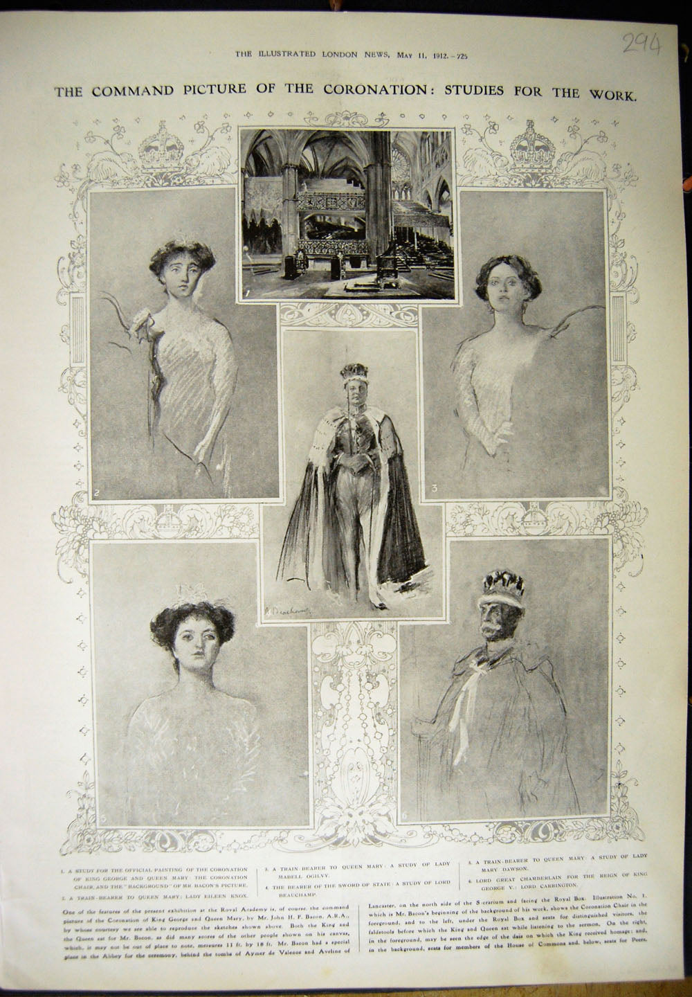 Original Old Antique Print 1912 Coronation King George Queen Mary Royal Acadmey