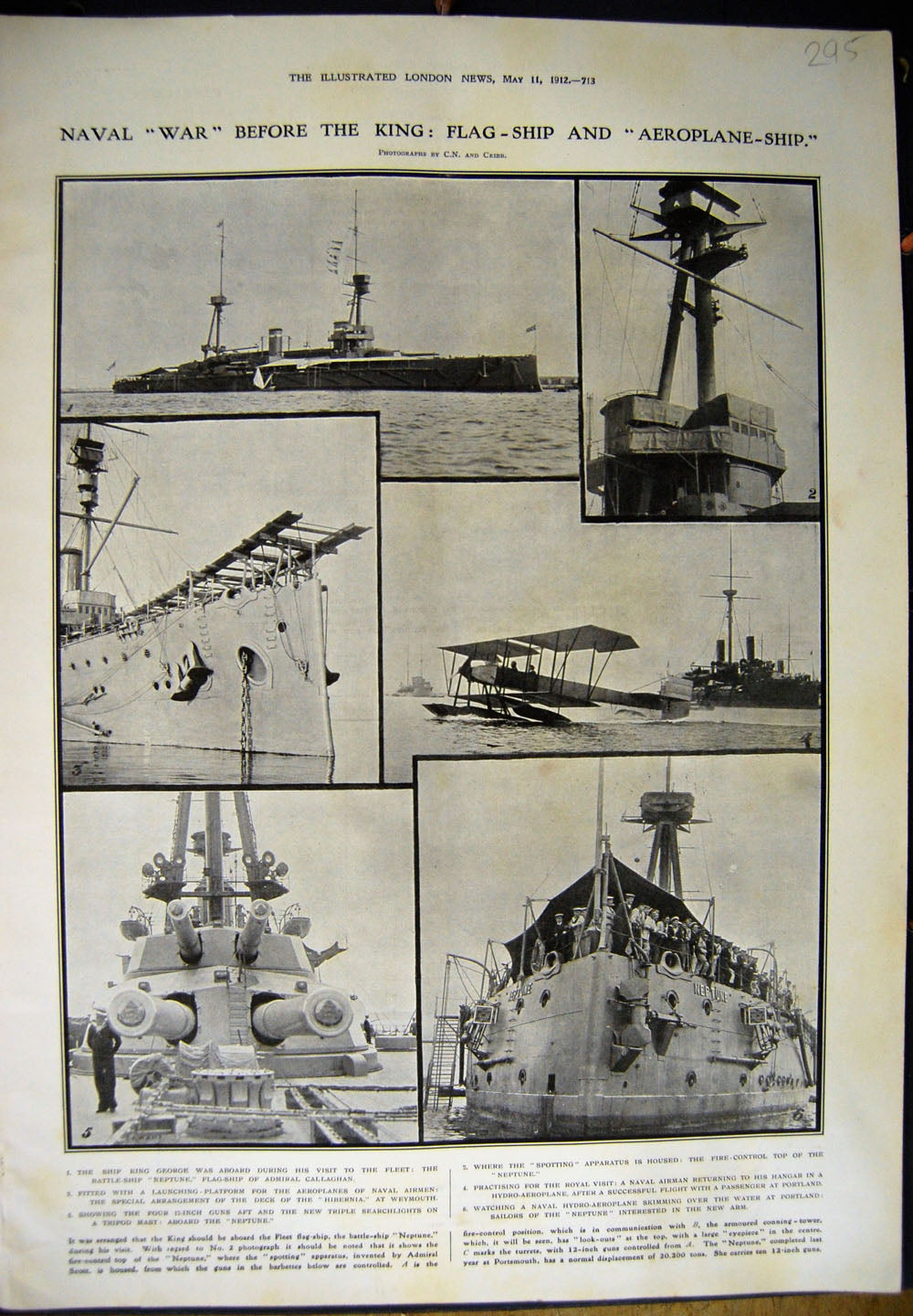 Original Old Antique Print 1912 Naval War Ships Neptune Aeroplane-Ship Hibernia