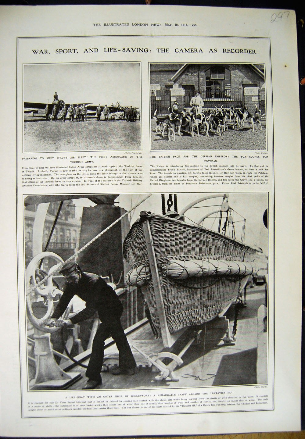 Old Antique Print 1912 Life-Boat Wickerwork Batavier War Hunting Potsdam 20th