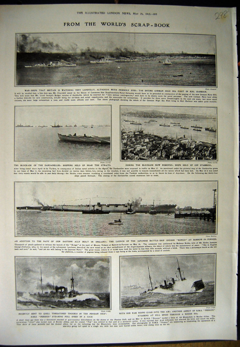Original Old Antique Print 1912 Wars Ships Kiel Harbour Japanese Kongo Perseus
