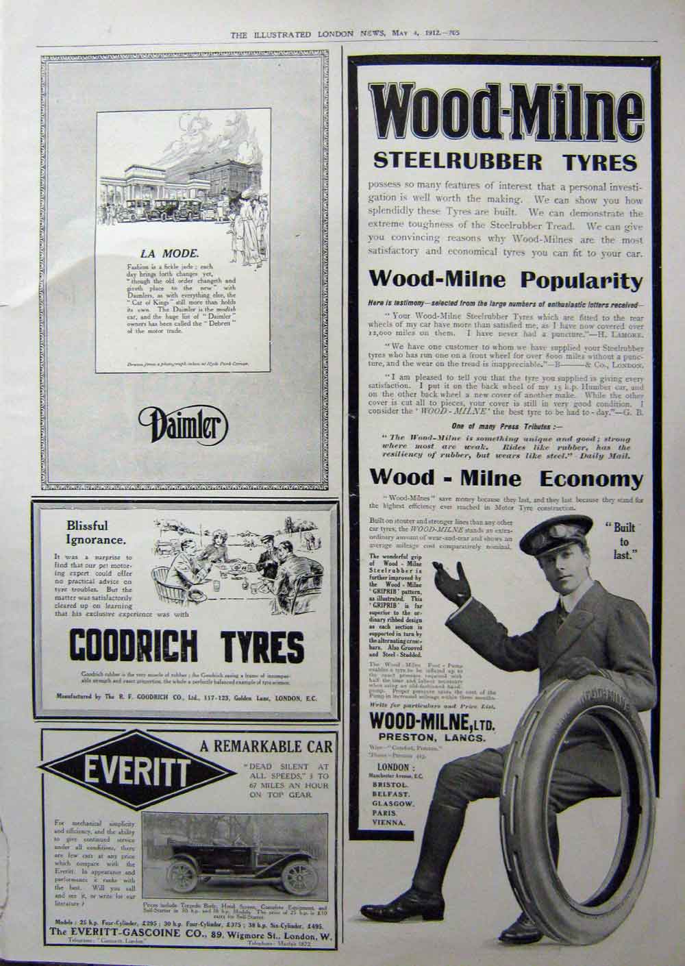 Old Antique Print 1912 Advertisement Dunlop Tyres Cars Daimler Goodrich 0 20th