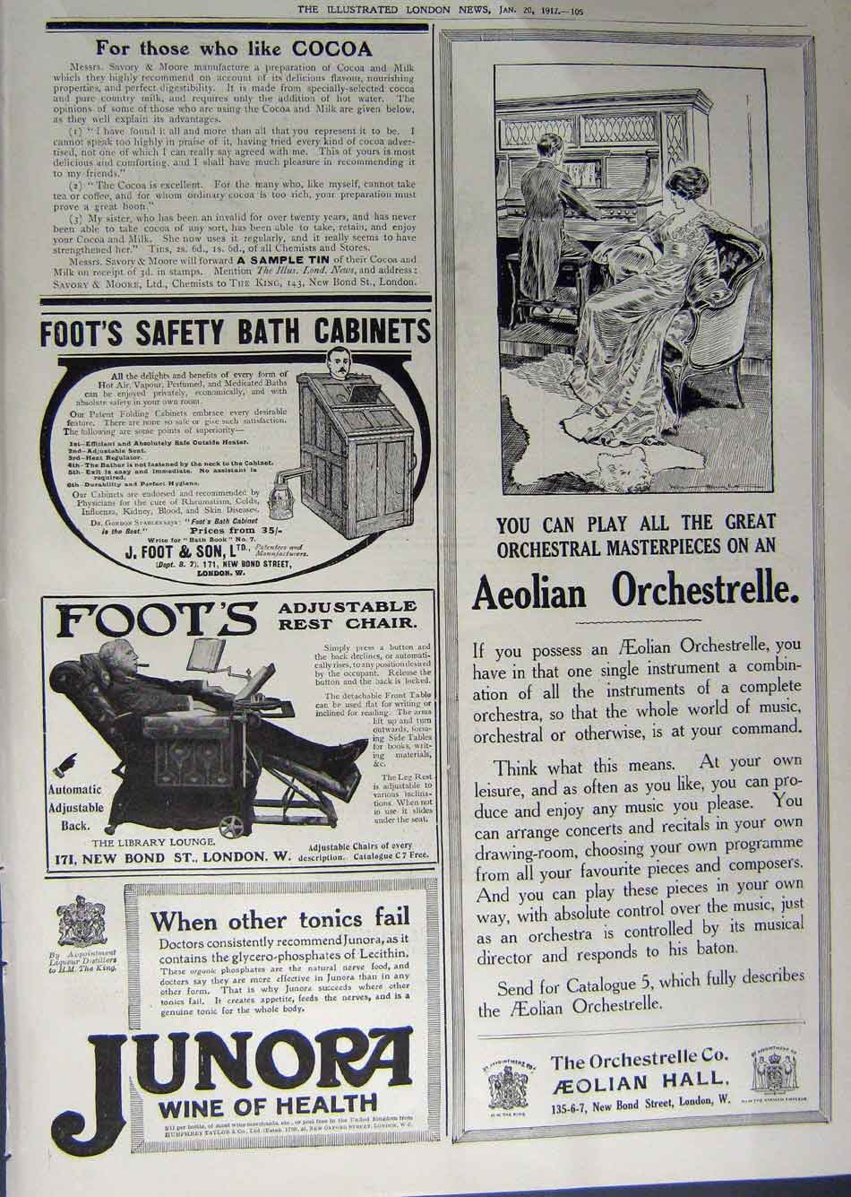 Old Antique Print 1912 Advertisement Orchestrelle Music Chair Bath Junora 20th