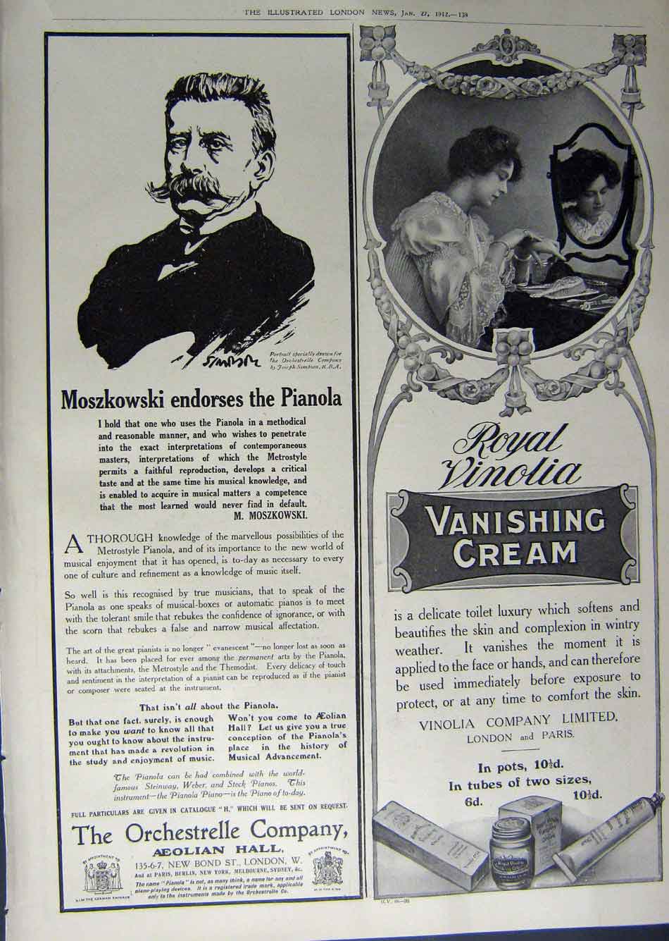 Old Antique Print 1912 Advertisement Orchestrelle Pianolo Vinolia Cream 20th