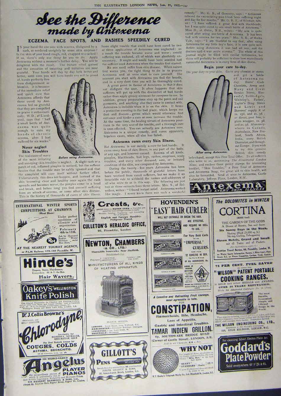 Old Antique Print 1912 Advertisement Mewton Heating Hair Curlers Antexema 20th