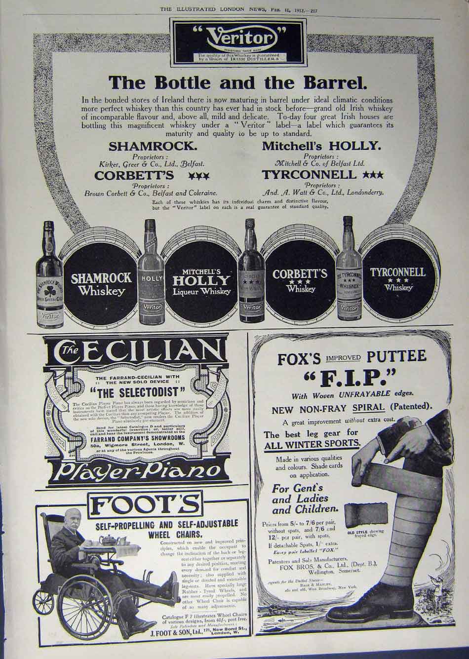 Old Antique Print 1912 Advertisement Whisky Veritor Fox Puttee Wheelchair 20th