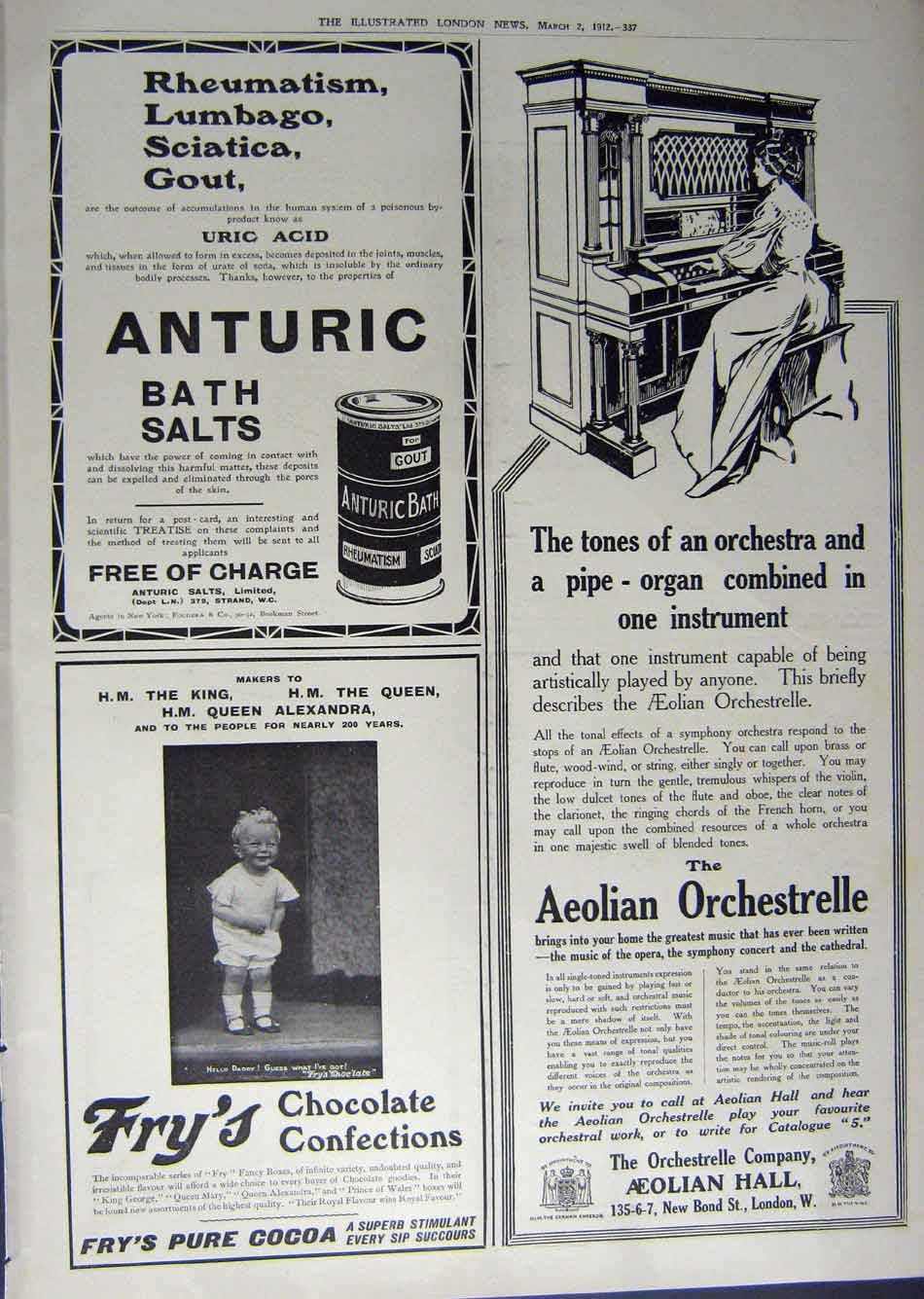 Old Antique Print 1912 Advertisement Anturic Bath Salt Fry'S Orchestrelle 20th
