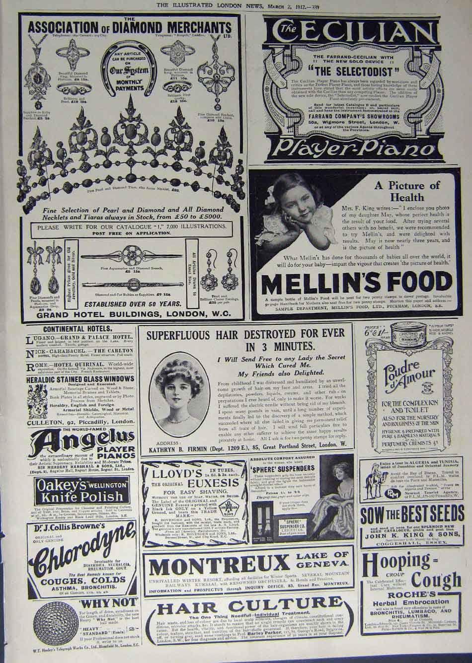 Old Antique Print 1912 Advertisement Mellin'S Food Diamonds Roche Pianos 20th