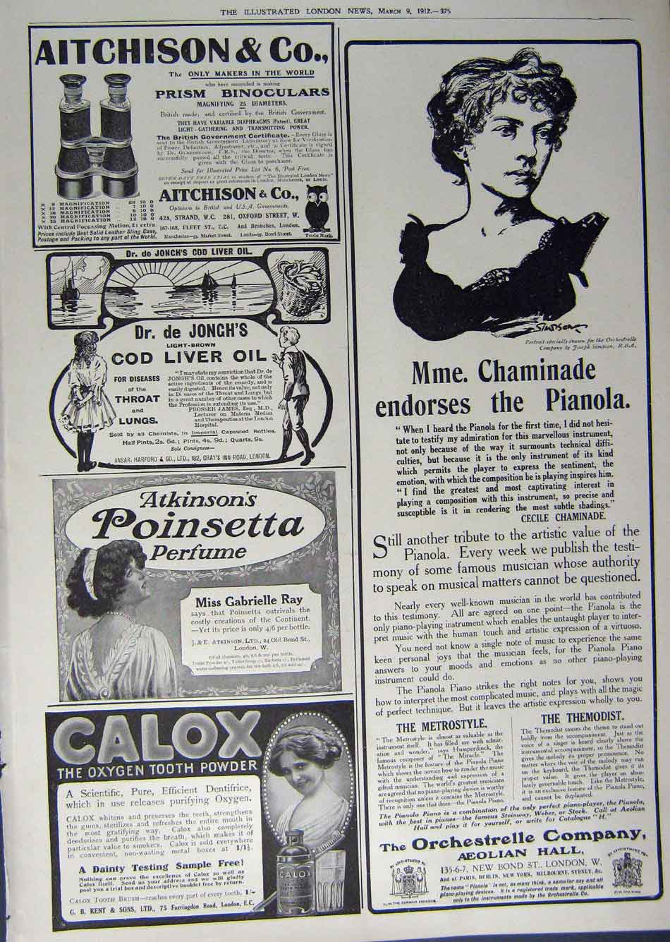 Old Antique Print 1912 Advertisement Orchestrelle Aitchison Cod Liver Oil 20th