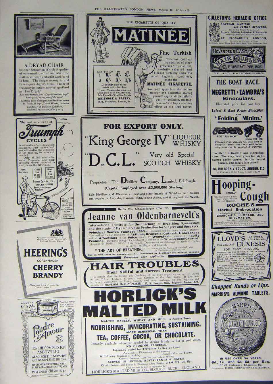 Original Old Antique Print 1912 Advertisement Cigarette Horlicks Brandy Roche