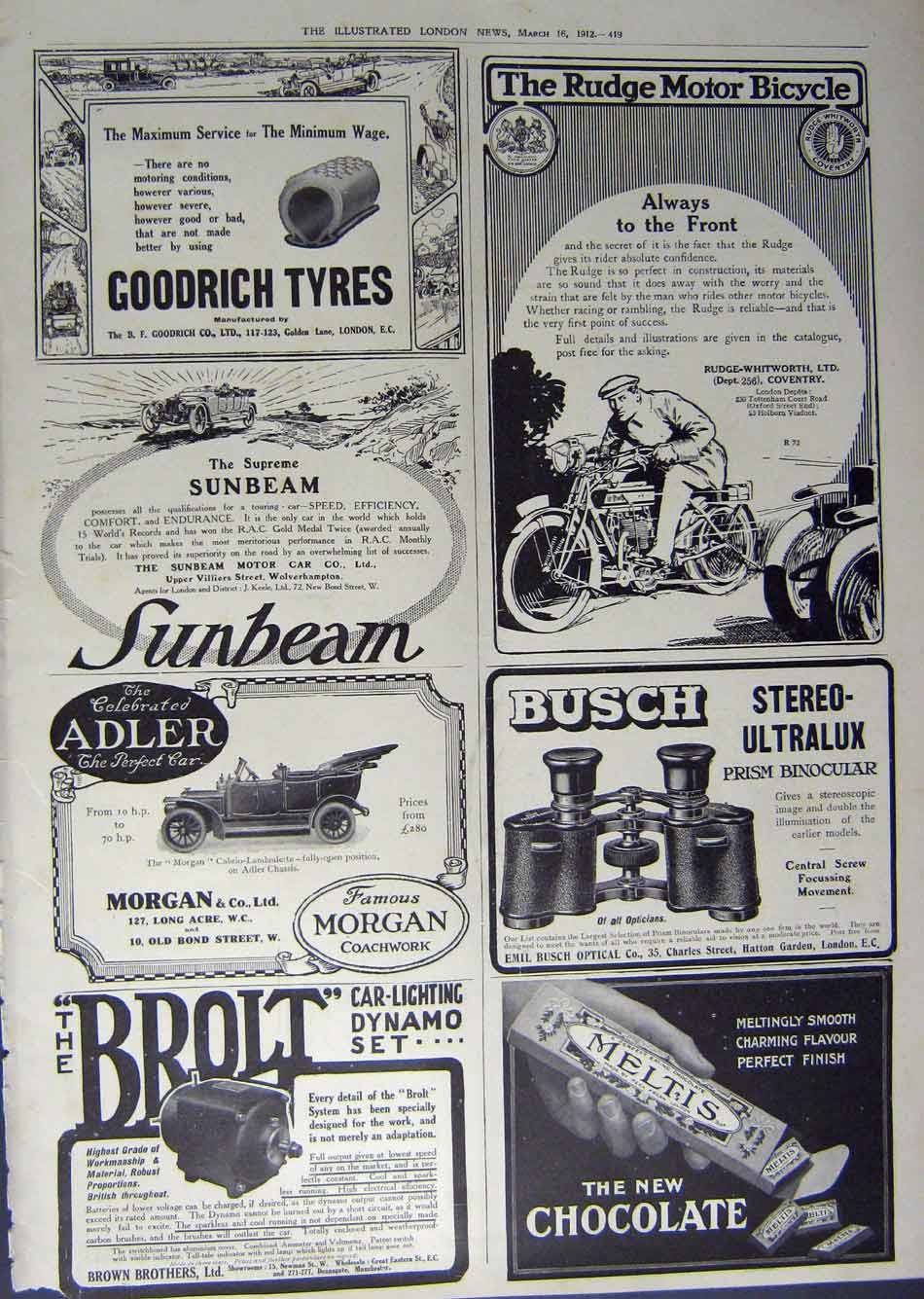 Old Antique Print 1912 Advertisement Goodrich Bicycle Morgan Car Meltis 20th