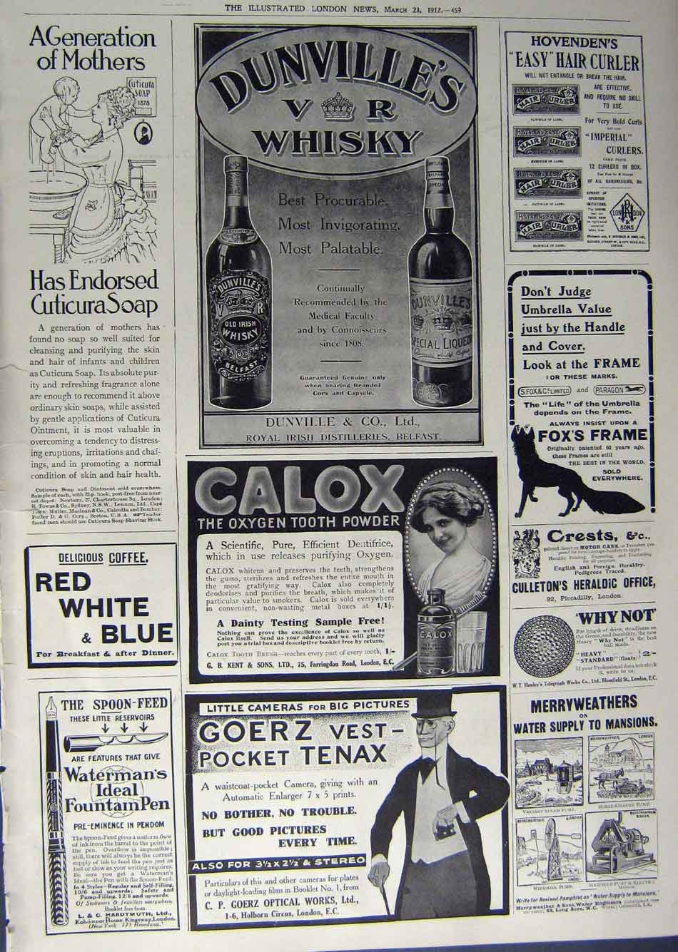 Old Antique Print 1912 Advertisement Whisky Calox Hair Curlers Soap Pen 20th