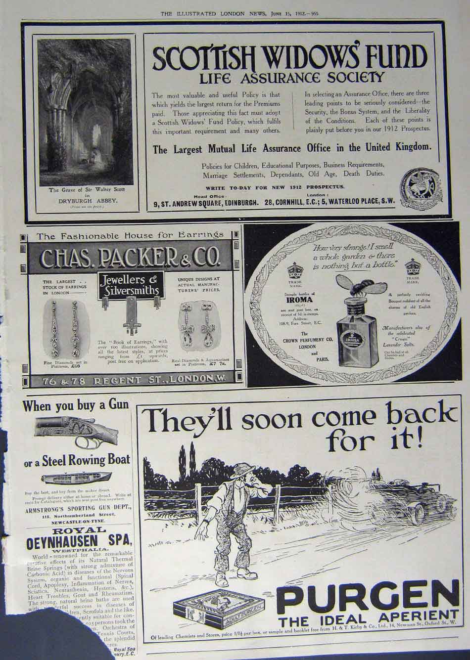 Old Antique Print 1912 Advertisement Scottish Widows Purgen Perfume Gun 20th