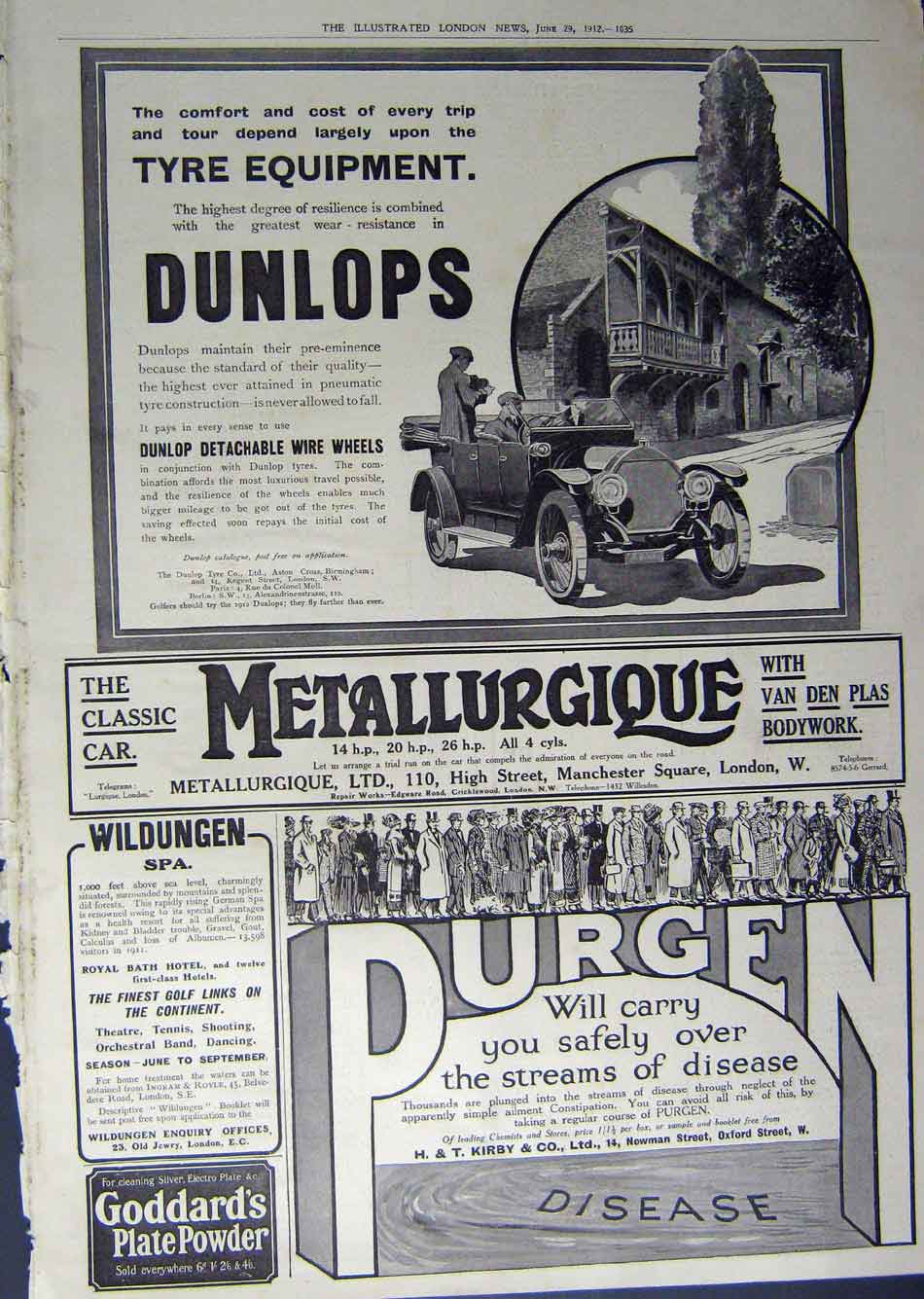 Original Old Antique Print 1912 Advertisement Dunlop Tyres Purgen Metallurgique