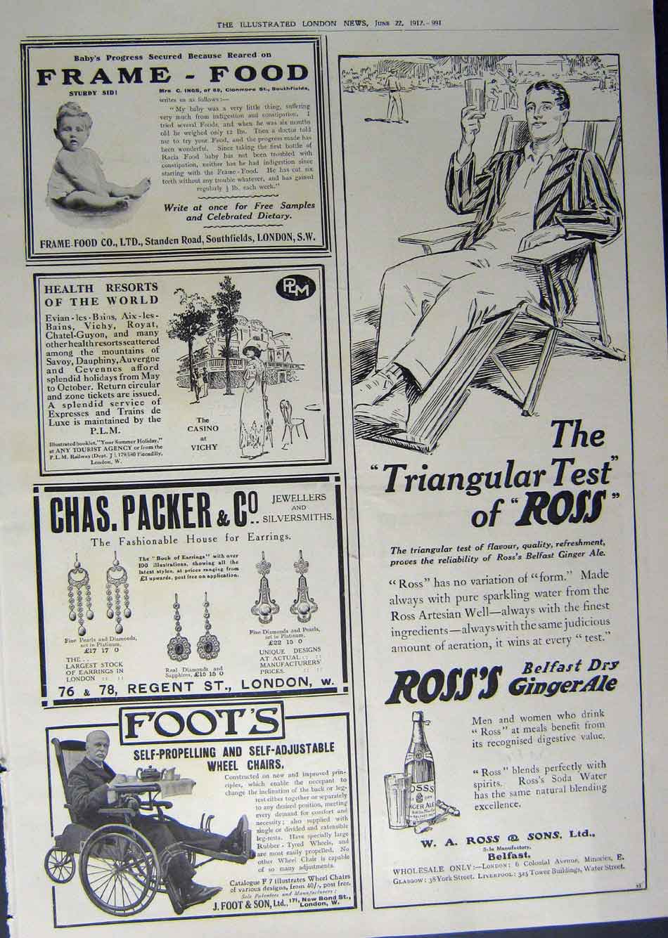 Old Antique Print 1912 Advertisement Ginger Ale Wheel Chair Food Jeweller 20th