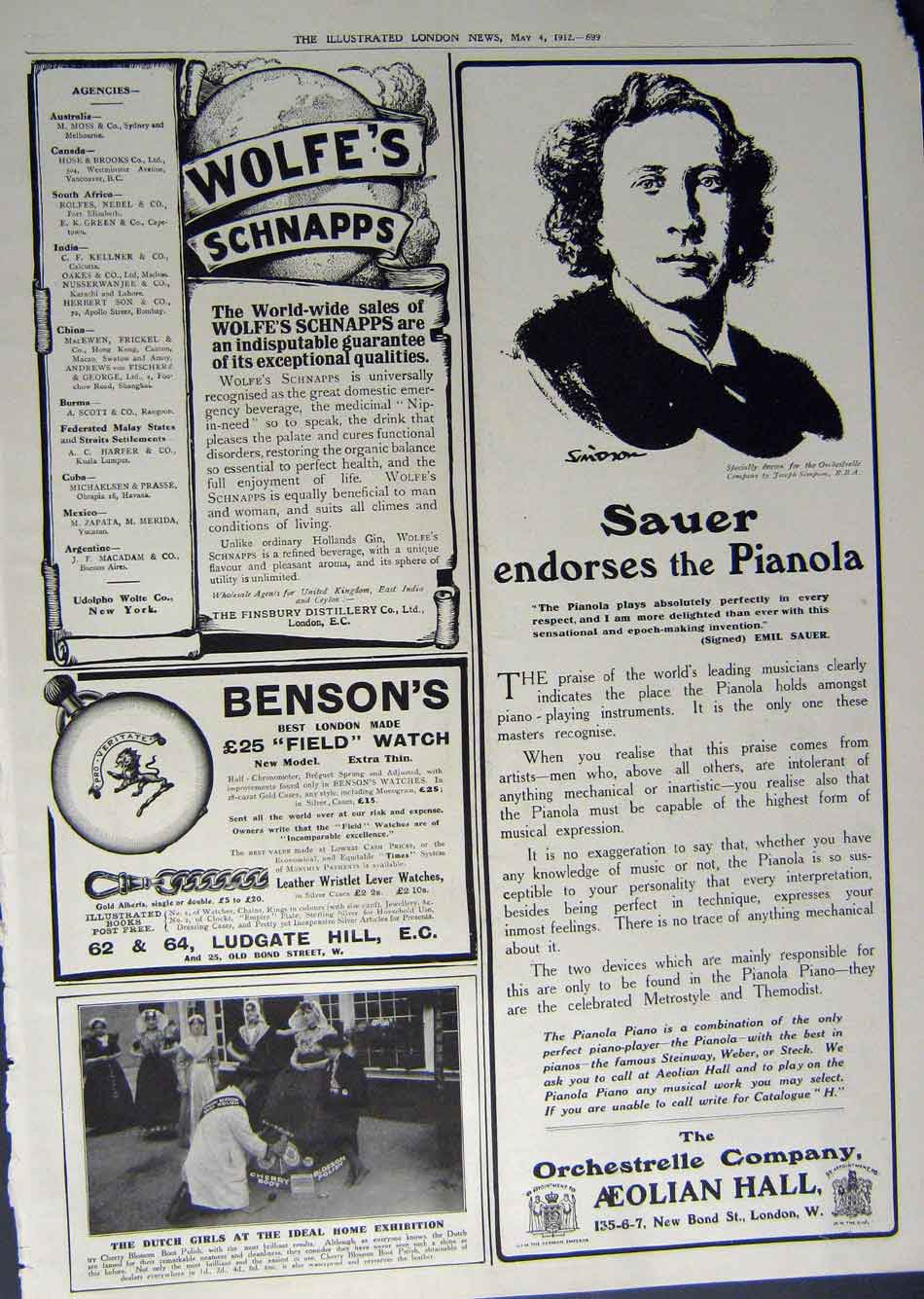 Original Old Antique Print 1912 Advertisement Pianola Orchestrelle Benson Watch