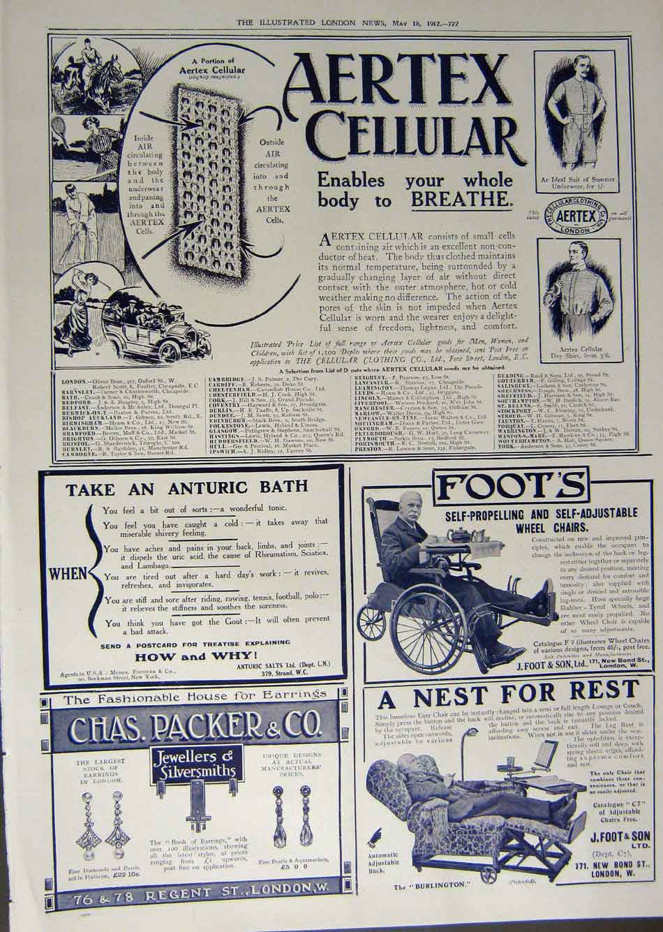 Old Antique Print 1912 Advertisement Aertex Clothing Jeweller Foot Chair 20th