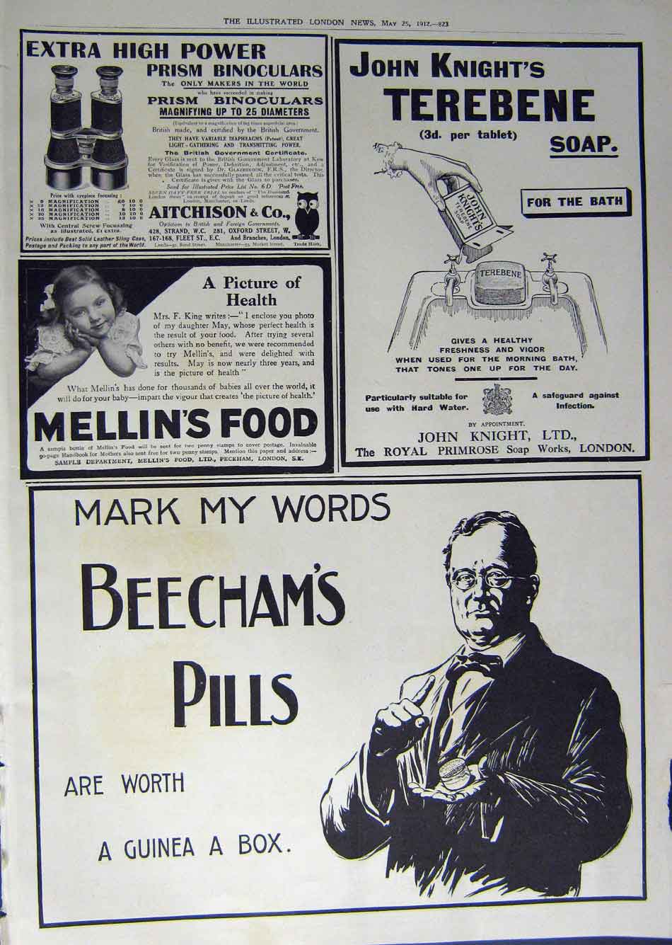 Old Antique Print 1912 Advertisement Beecham'S Pills Mellins Knight Soap 20th