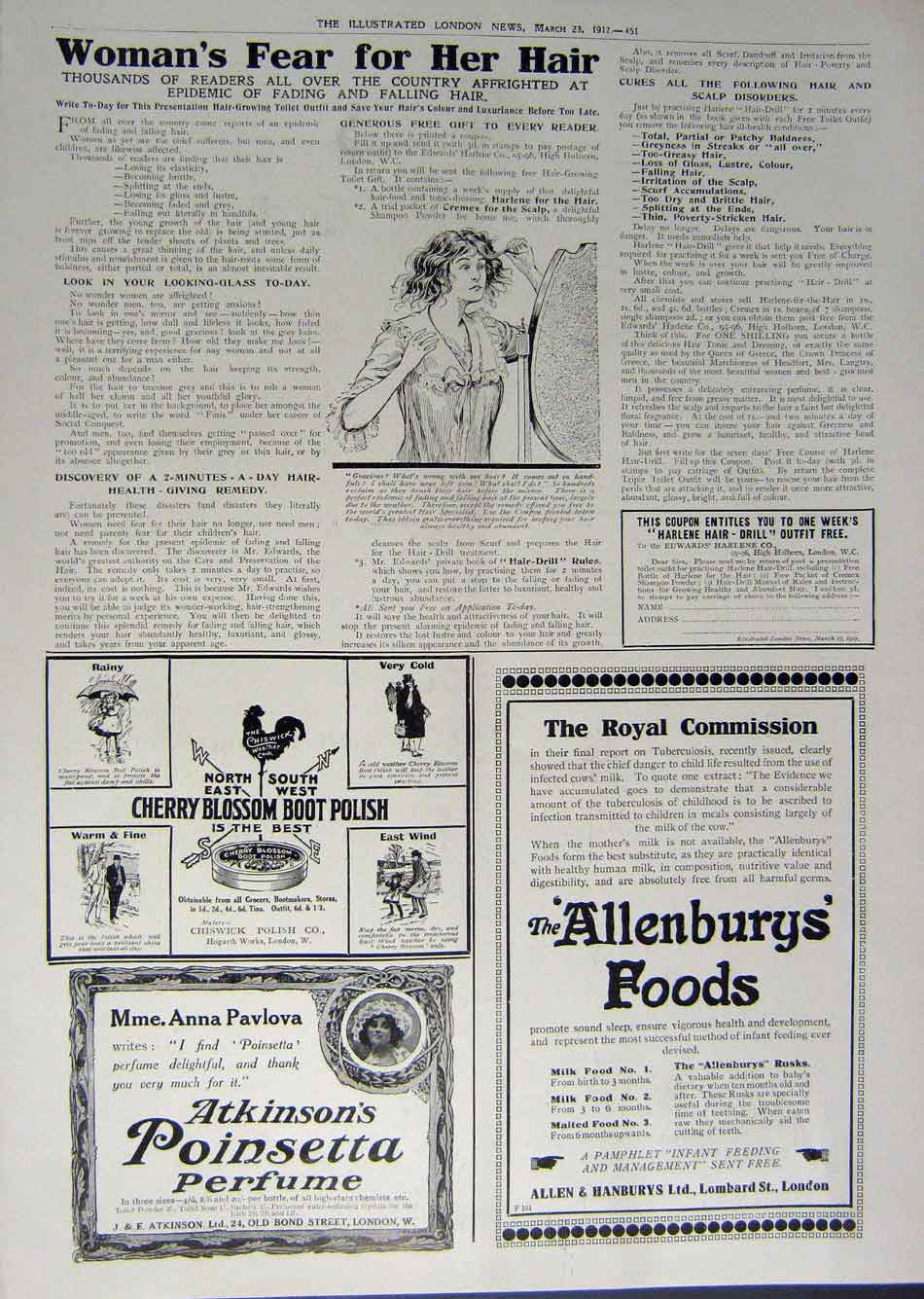 Old Antique Print 1912 Advertisement Cherry Boot Polish Allenbury Perfume 20th