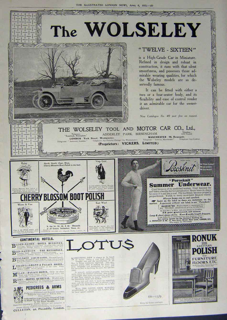 Old Antique Print 1912 Advertisement Wolseley Car Lotus Underwear Polish 20th