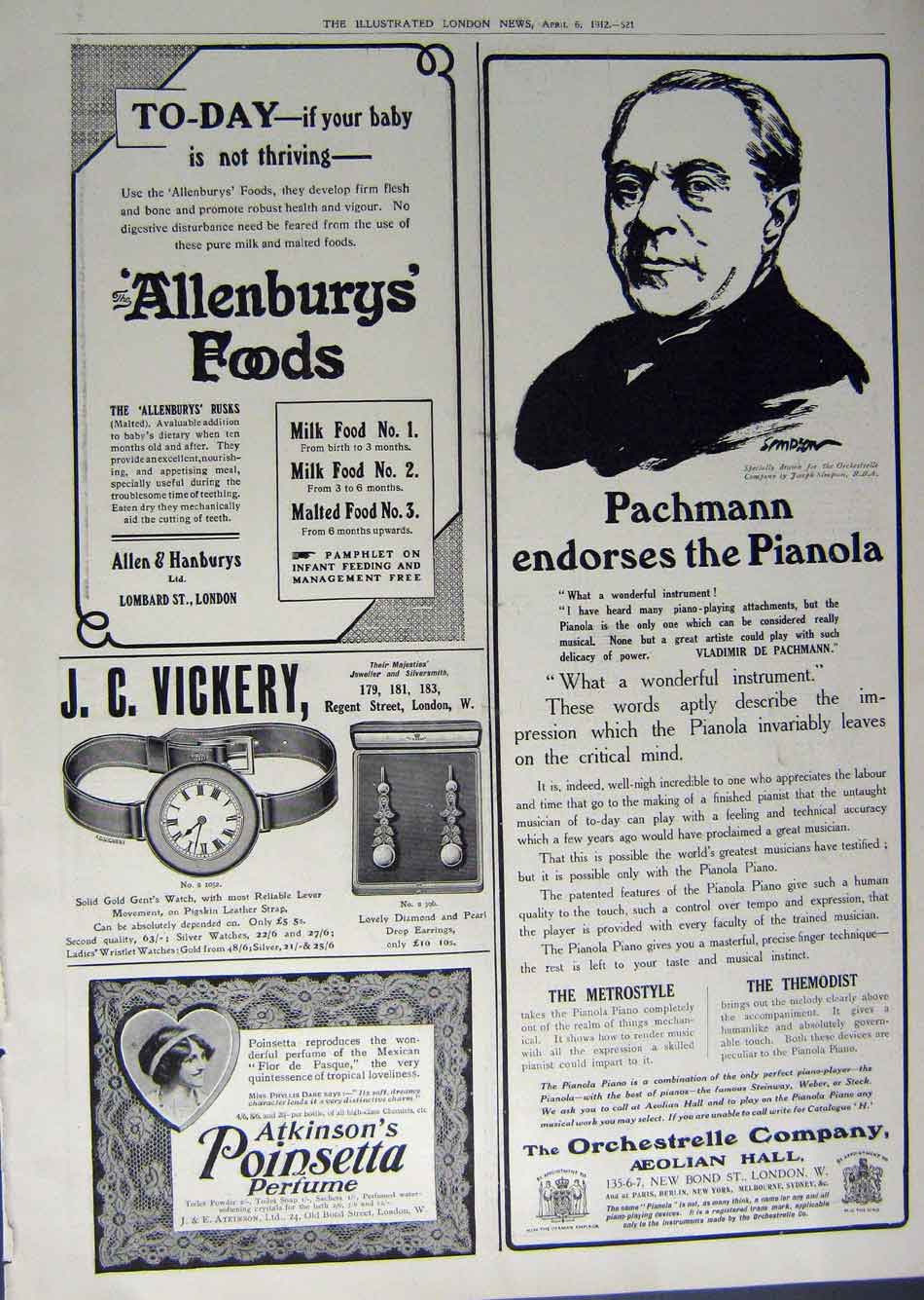 Old Antique Print 1912 Advertisement Allenbury'S Perfume Vickery Pianola 20th