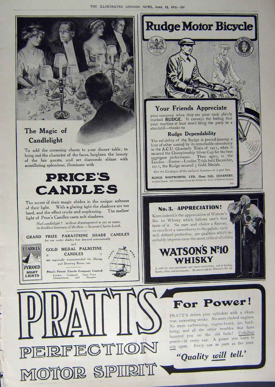 Old Antique Print 1912 Advertisement Motor Bicycle Pratts Price Candles 20th