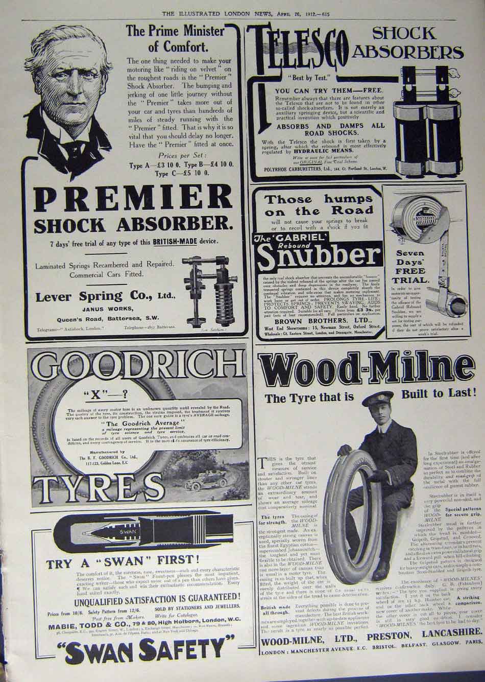 Original Old Antique Print 1912 Advertisement Shock Absorber Car Tyres Swan Pen