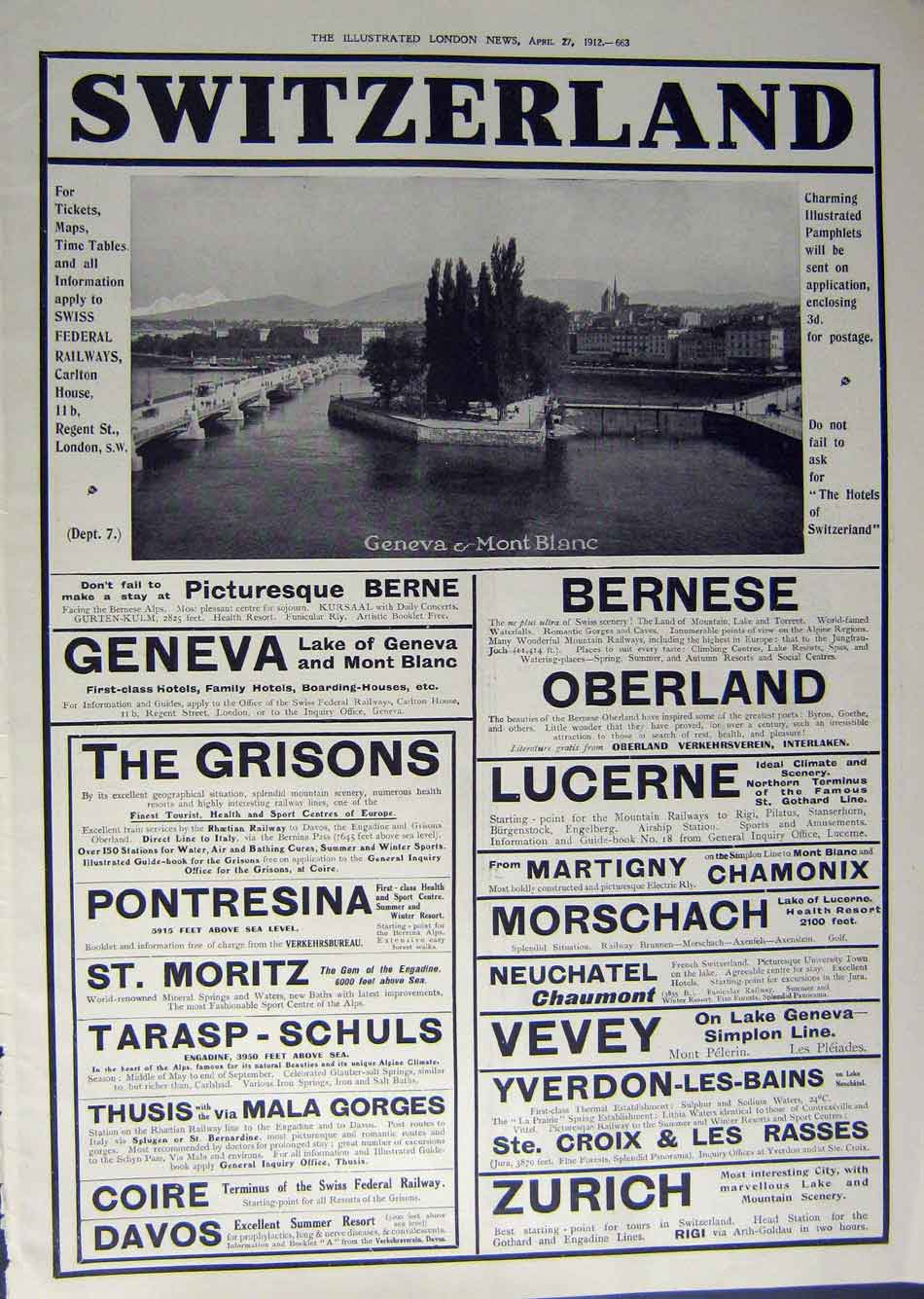 Original Old Antique Print 1912 Advertisement Switzerland Geneva Mont Blanc