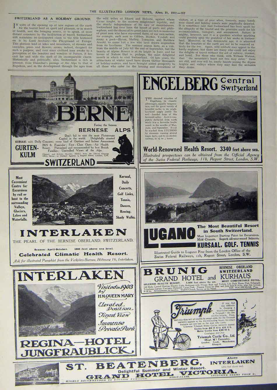 Original Old Antique Print 1912 Advertisement Switzerland Holidays Interlaken