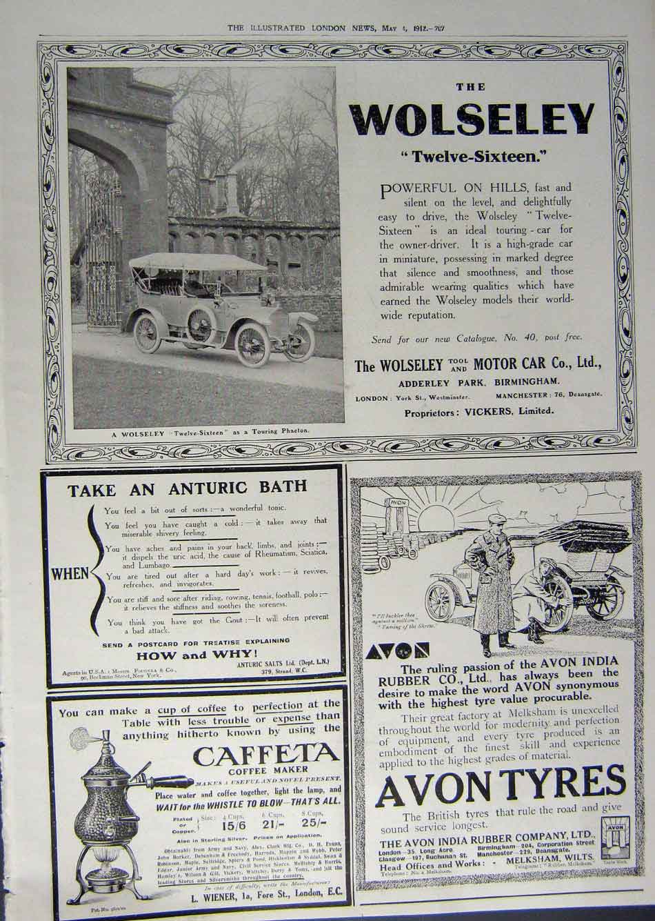 Old Antique Print 1912 Advertisement Wolseley Car Avon Tyres Coffee Bath 20th