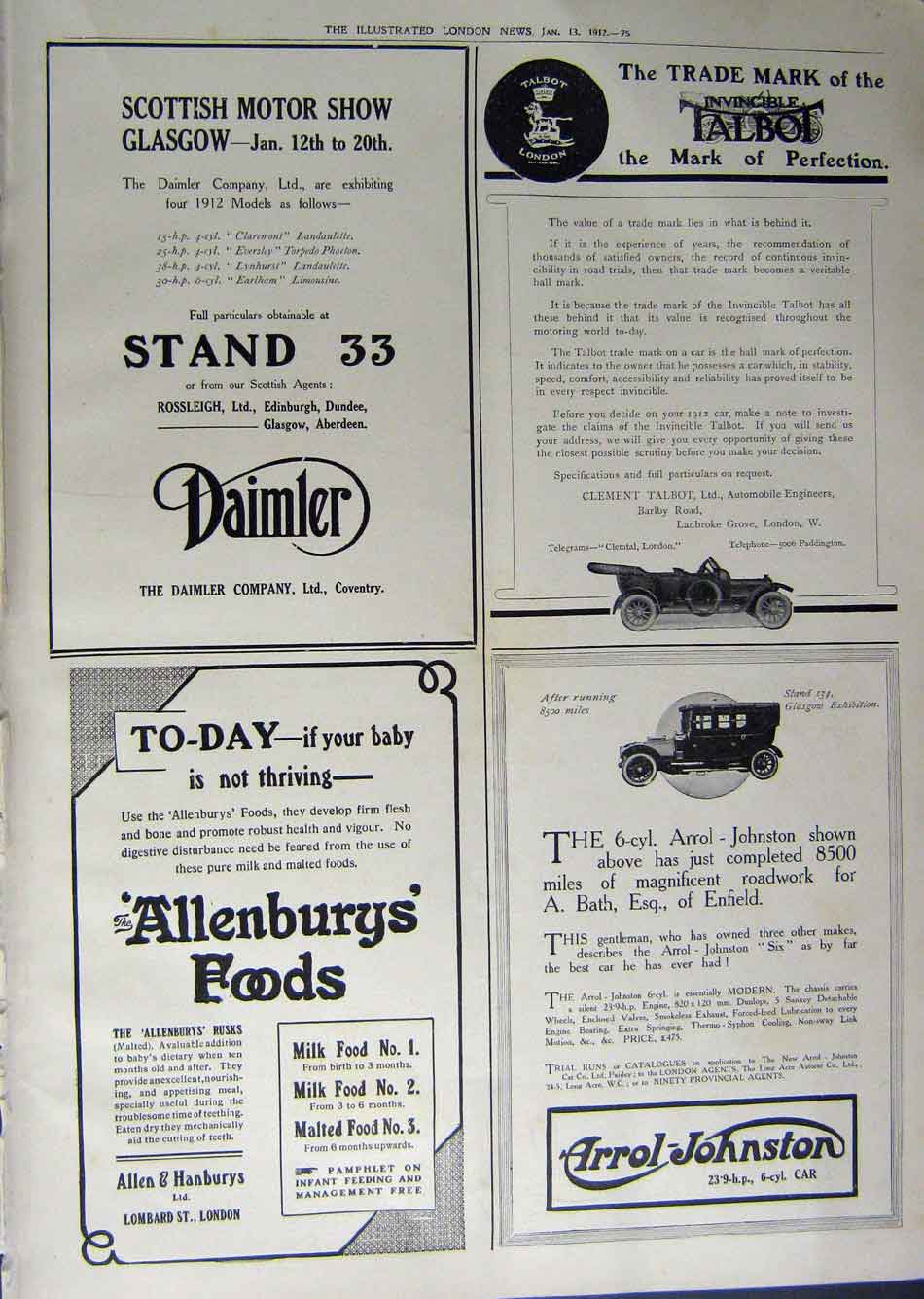 Old Antique Print 1912 Advertisement Daimler Car Talbot Allenbury'S Food 20th