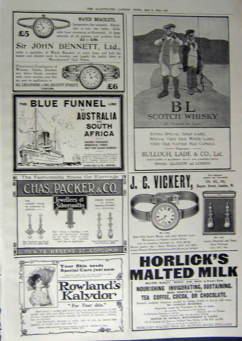 Original Old Antique Print 1912 Advertisement Watch Horlicks Whisky Jewellers