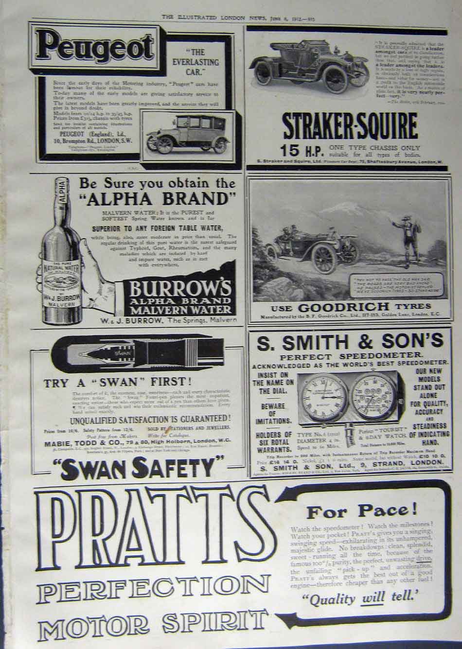 Old Antique Print 1912 Advertisement Pratts Peugeot Burrows Water Smith 20th