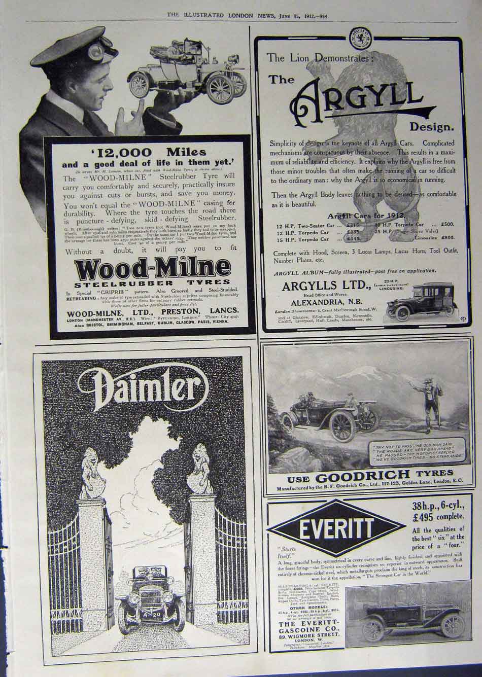 Old Antique Print 1912 Advertisement Wolseley Autocars Daimler Everitt 20th