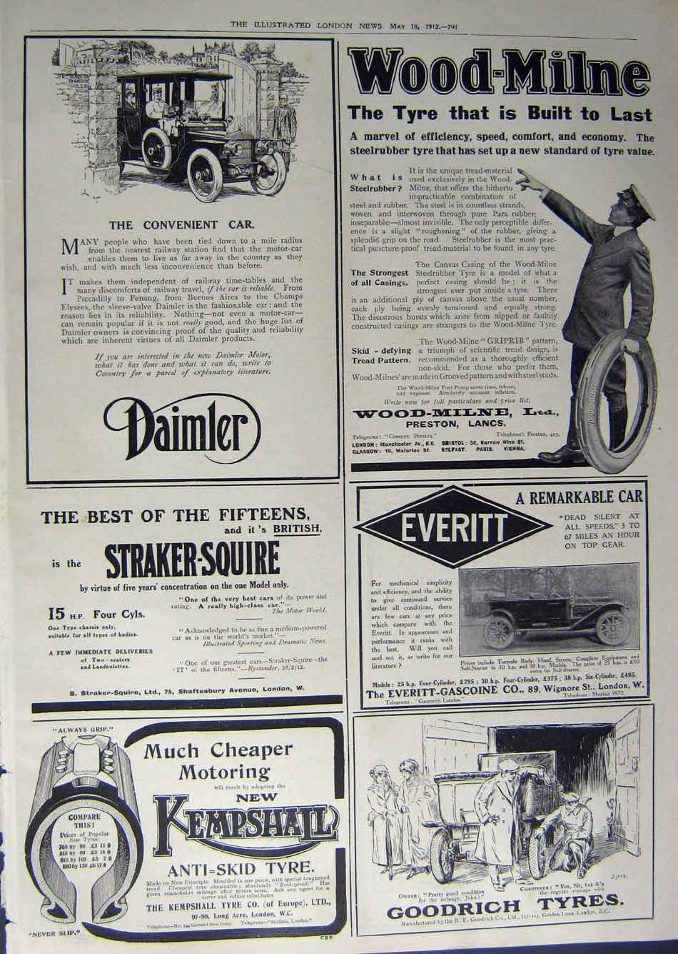 Antique Old Print 1912Advertisement Dunlop Tyres Daimler Goodrich Everitt 20th