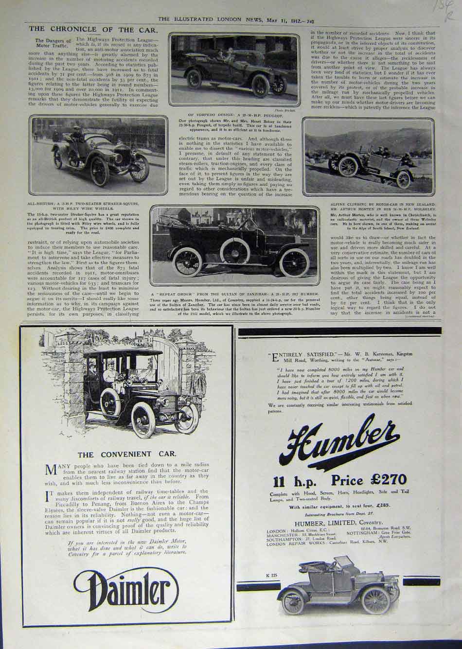 Old Antique Print 1912 Advertisement Humber Daimler Car Horlicks Perfume 20th